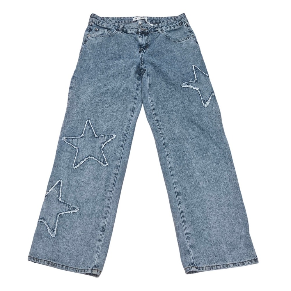 Ashley Mason Star Patch Wide Leg Jeans Light Wash Blue Y2K Size 9/29 32" Inseam